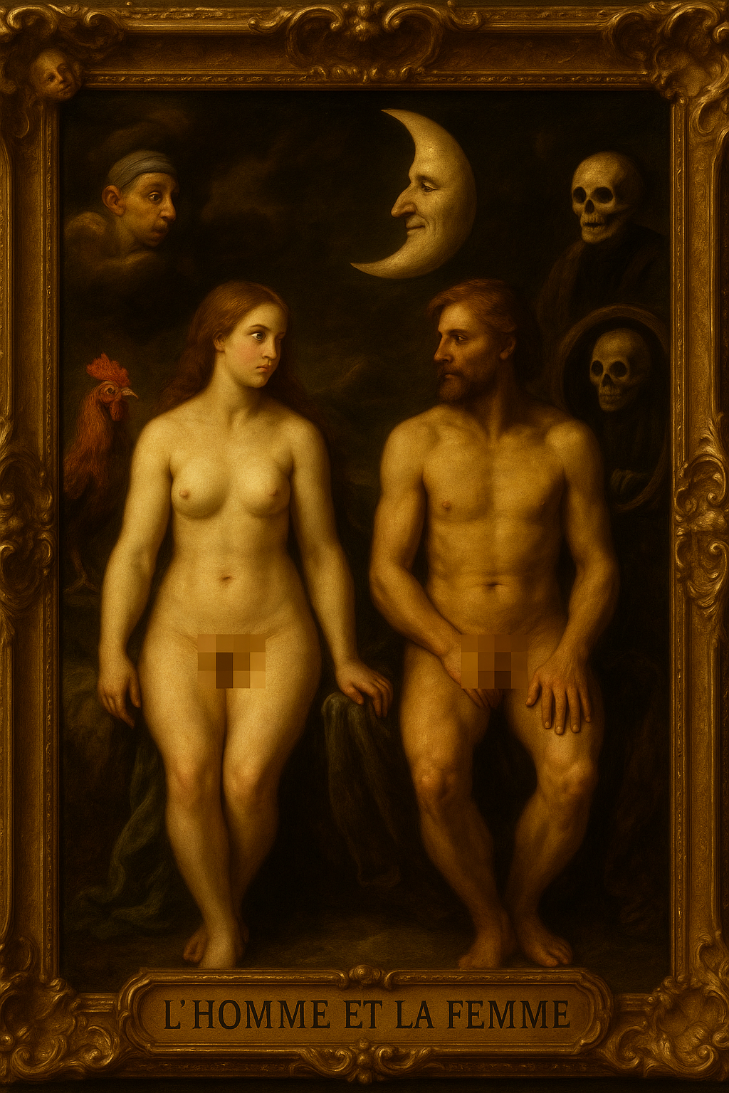 Baroque painting of nude man and woman with skulls and moon.