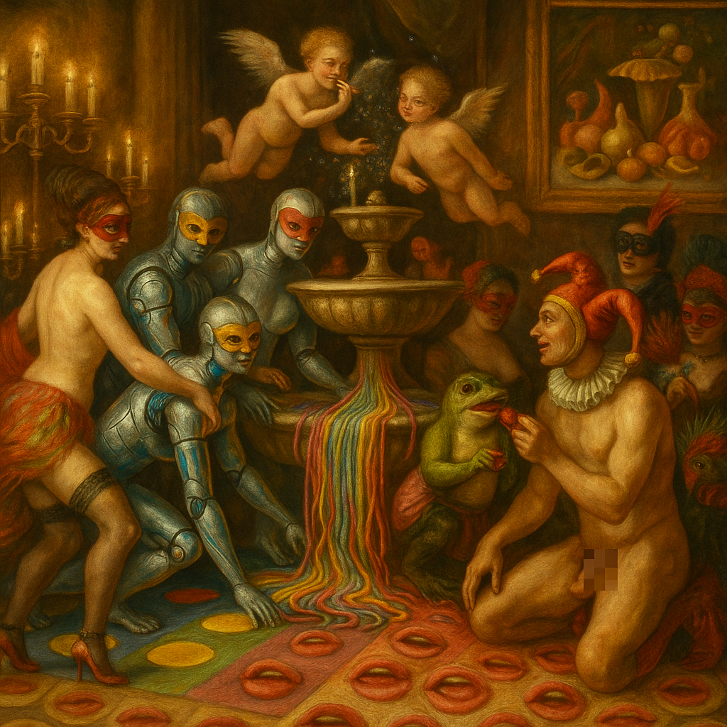 People in masks gather around a decorative fountain.
