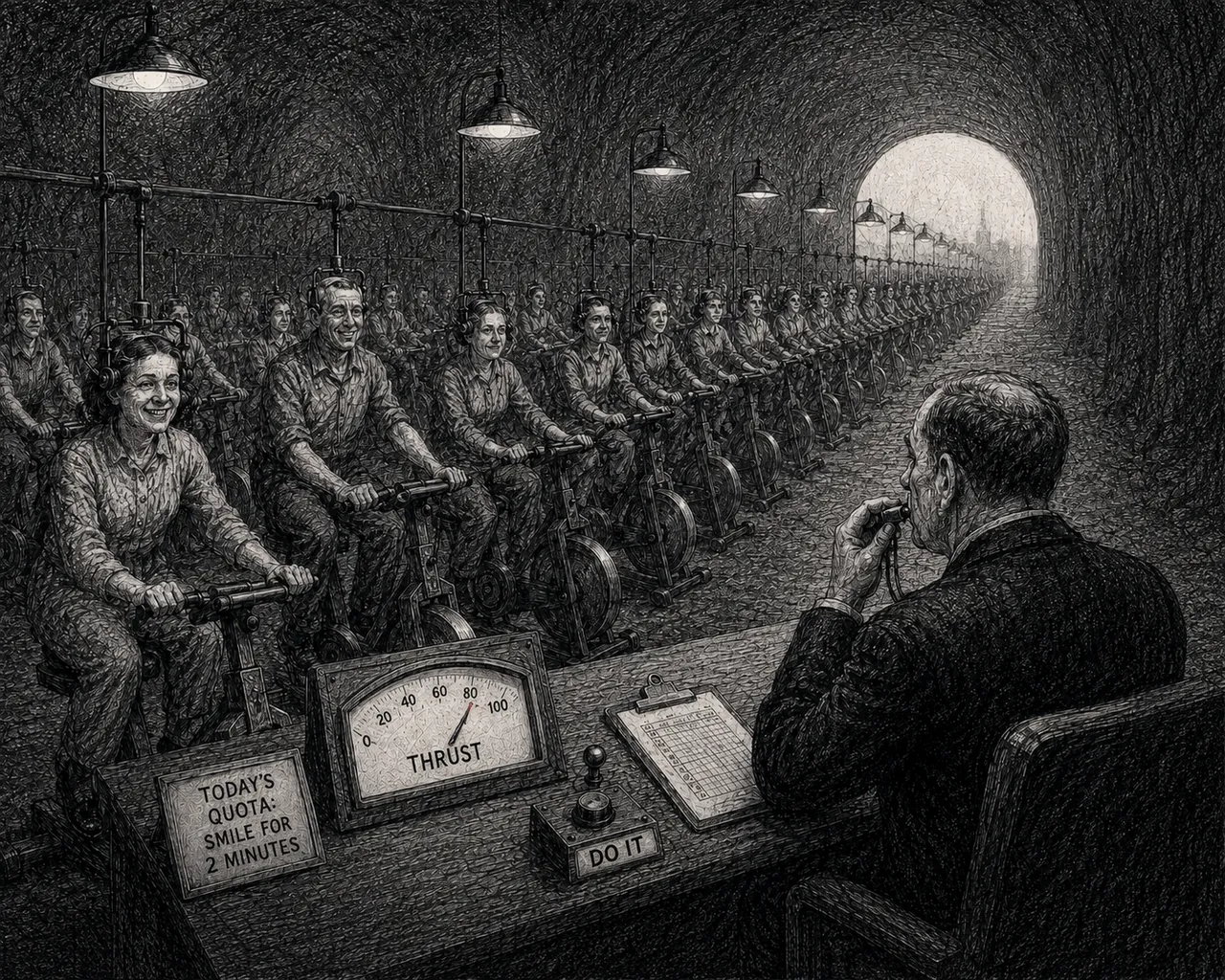 Workers on stationary bikes smile under supervisor's watch.
