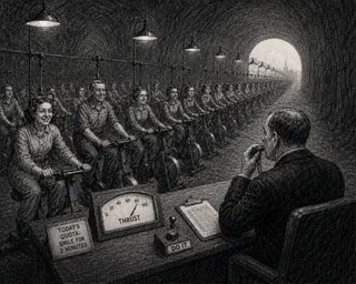 Workers on stationary bikes smile under supervisor's watch.