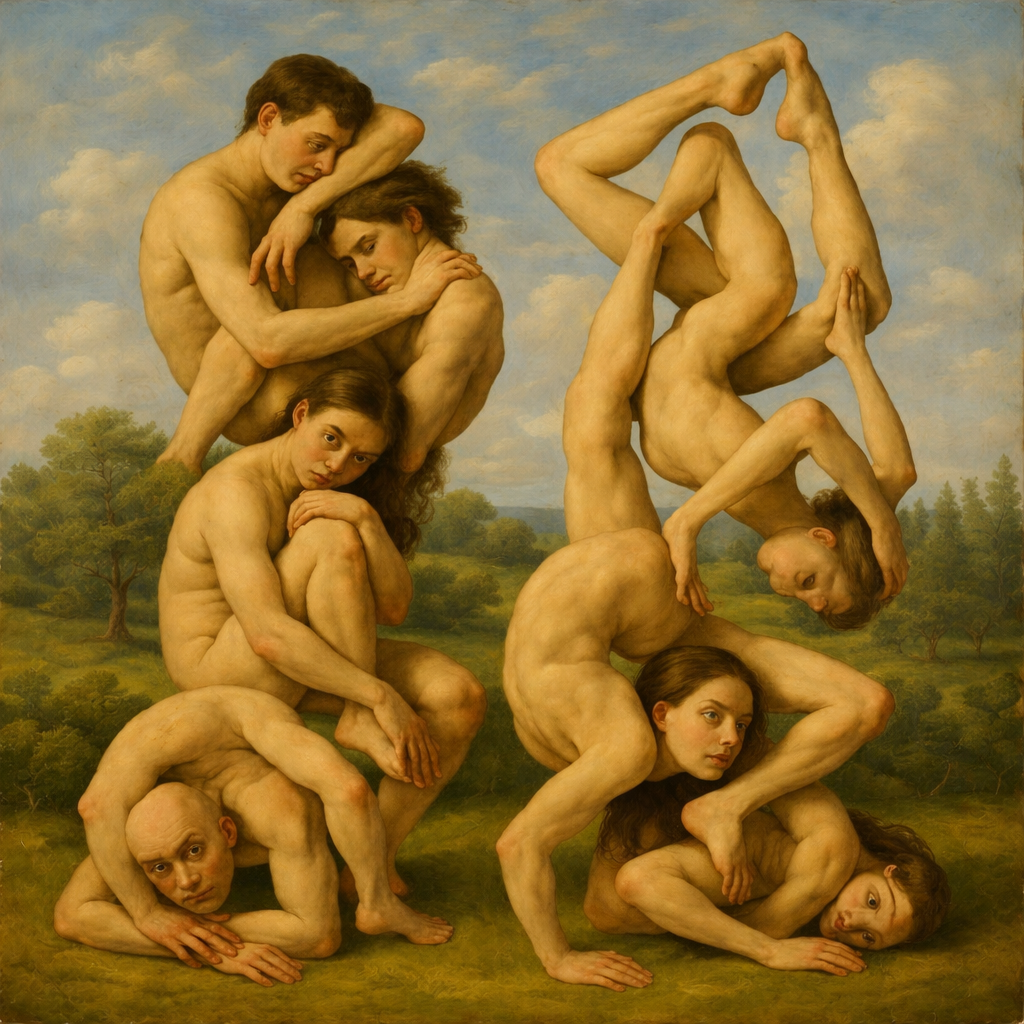 Several people doing yoga together in a park.
