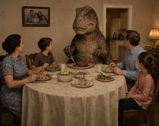 Wallpaper, lamp, milk, fork, vegetables, framed photo, reptile, rolls.