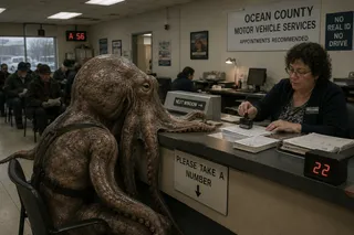 Ceiling tile, stamp, tentacles, sign, number 22, chair.