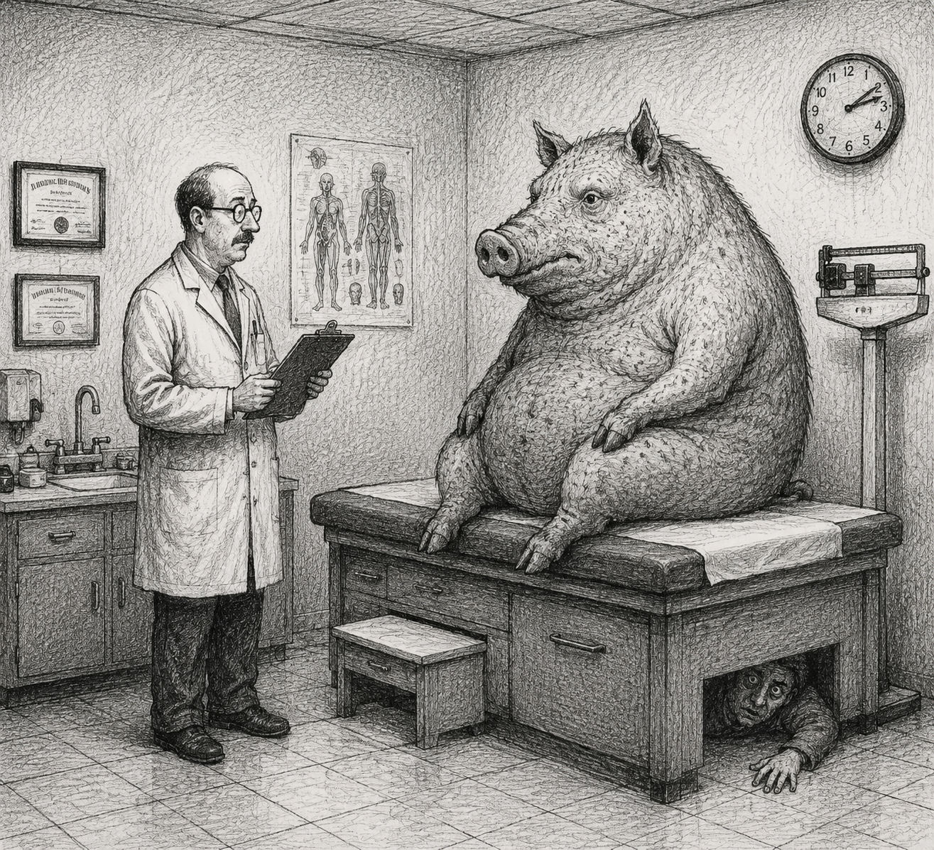 Between white coat and bristled bulk, patience weighs heavy.