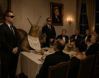 Napkin, shell, wine glass, sunglasses, candle, portrait, earpiece.