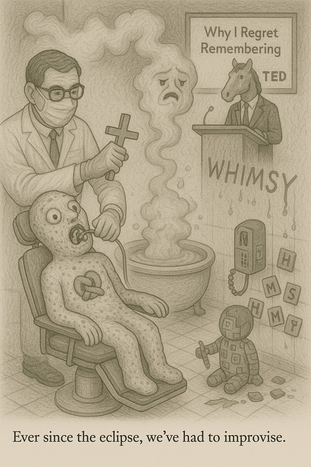 Surreal pencil drawing of dentist, horse lecturer, strange figures.