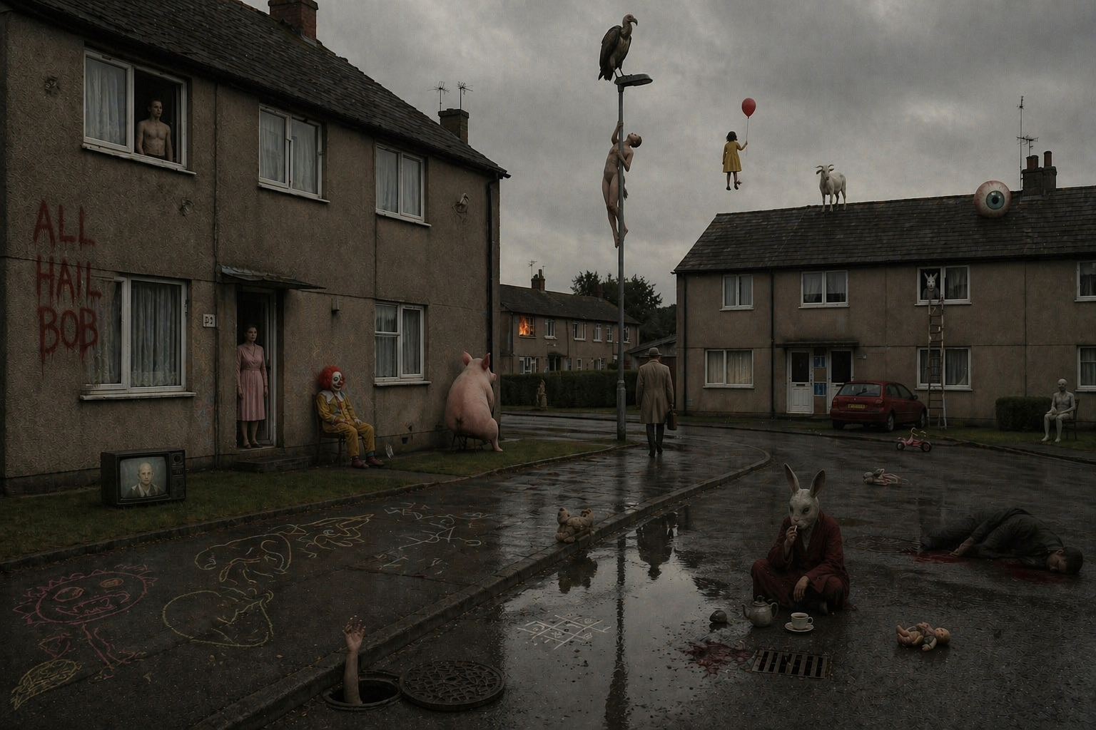 Surreal street scene with clown, rabbit mask, floating girl.