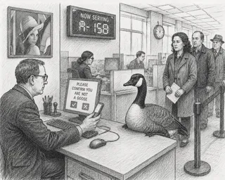 Monitor, keyboard, mouse cord, pencils, clock, Canada goose, queue.