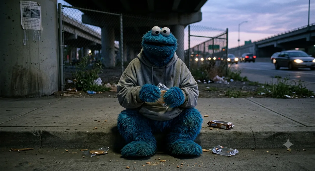 Blue hunger beneath the overpass, crumbs for comfort.
