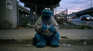 Cookie Monster sits on a curb eating packaged cookies.