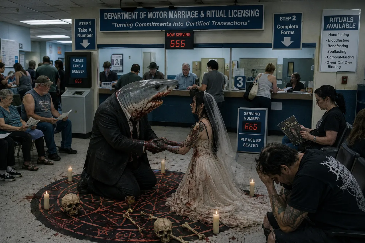 Pentagram rug, two skulls, candles, bloodied veil, waiting chairs.