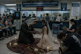 Pentagram rug, two skulls, candles, bloodied veil, waiting chairs.