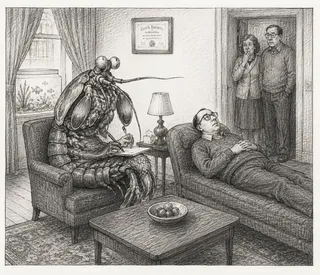 Armchair, chaise, fish tank, diploma, lamp, bowl of fruit.