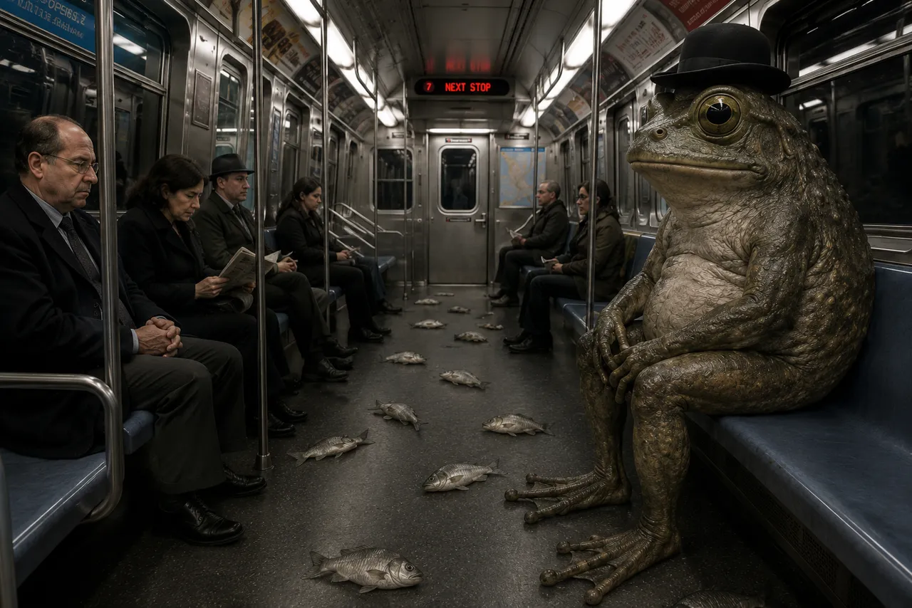 The nearest fish faces the door, not the toad.