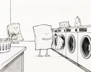 Washing machines, laundry basket, detergent bottle, cord, floor, counter, pillow, cushion, pillowcase, handbag.