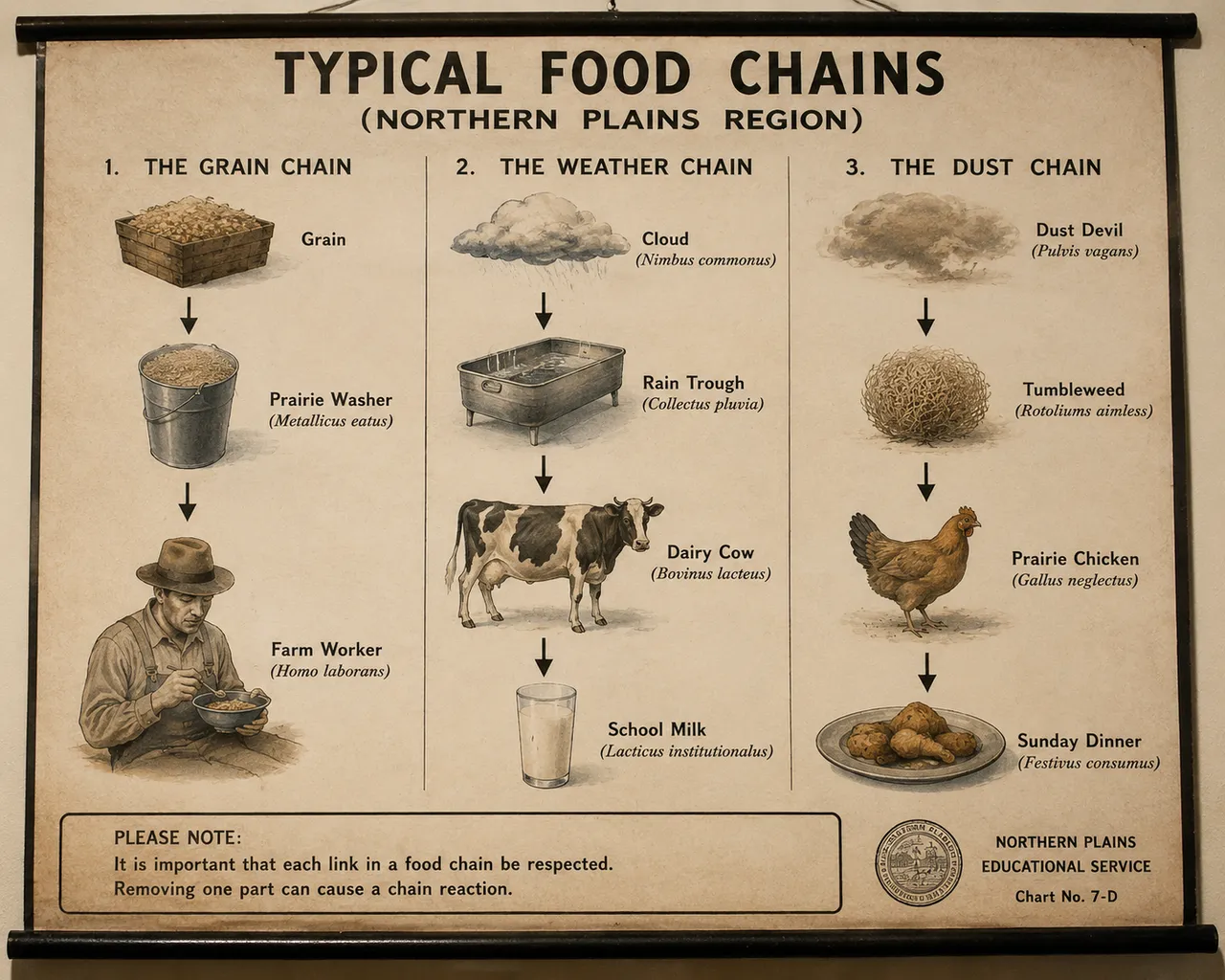 Scroll rod, three columns, bucket, cow, tumbleweed, farmer, glass, chicken, plate, seal, clouds, arrows.