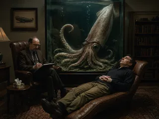 Man reclines in therapy office with giant squid tank.