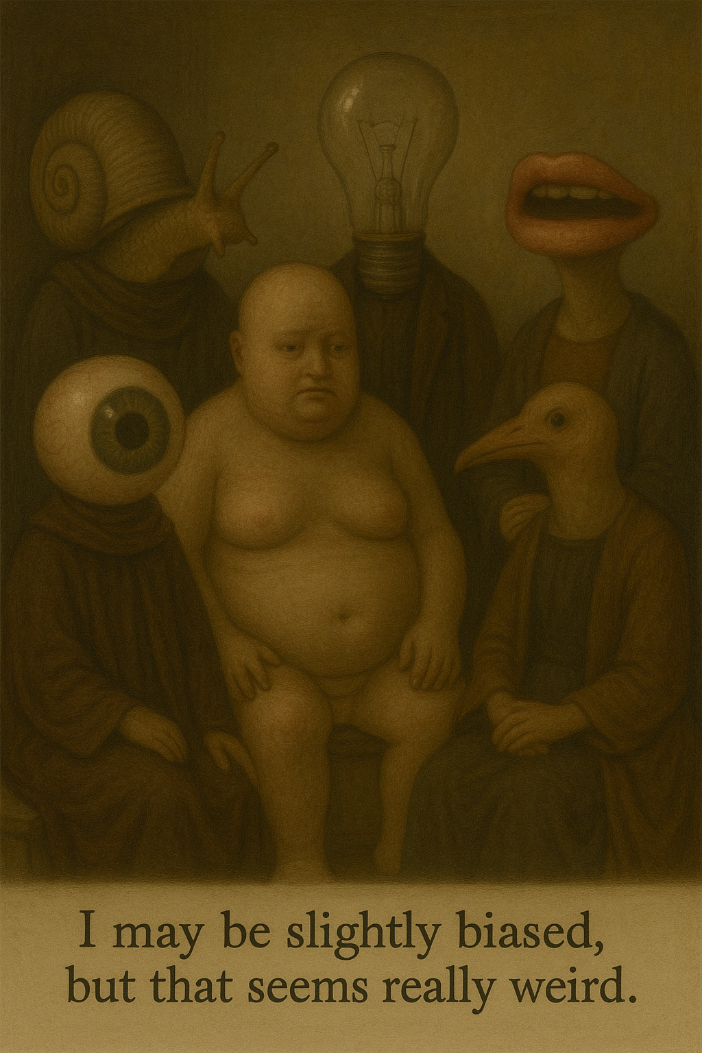 Surreal figures with bulb, eyeball, snail, bird, lip heads.