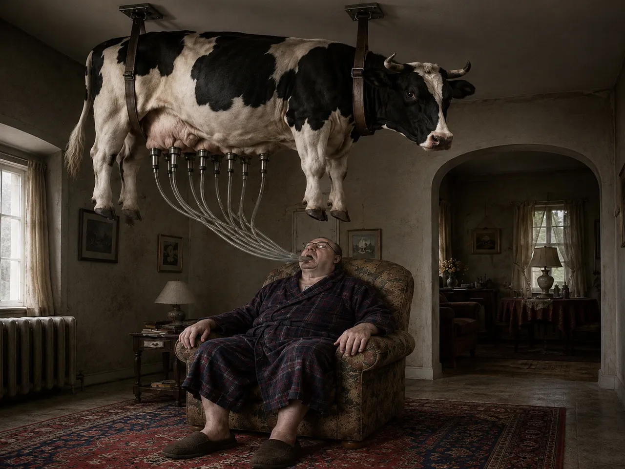 The udder fittings are standard-gauge, not agricultural.