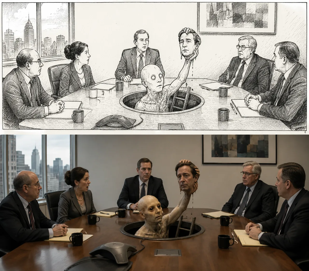 Six suits, two mugs, one skyline, ladder, severed head, hole.