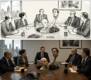 Six suits, two mugs, one skyline, ladder, severed head, hole.