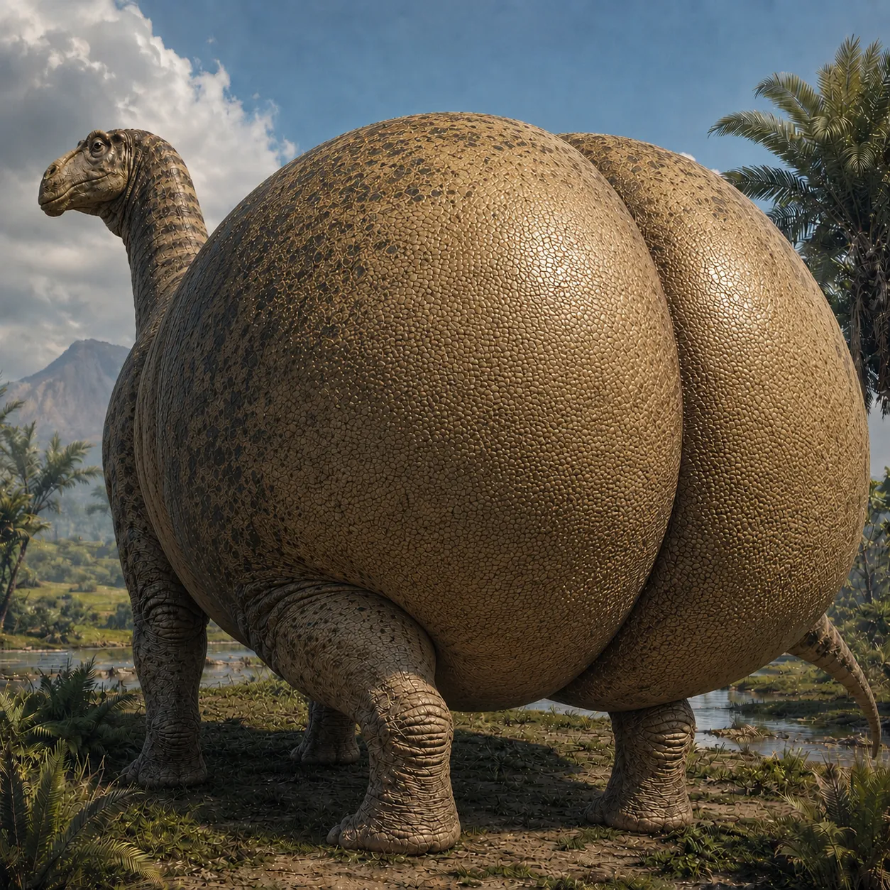 Long neck, four legs, distended hindquarters, palm trees, volcano, water.