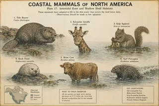 Six labeled mammals, kelp, map inset, two text boxes, waves.