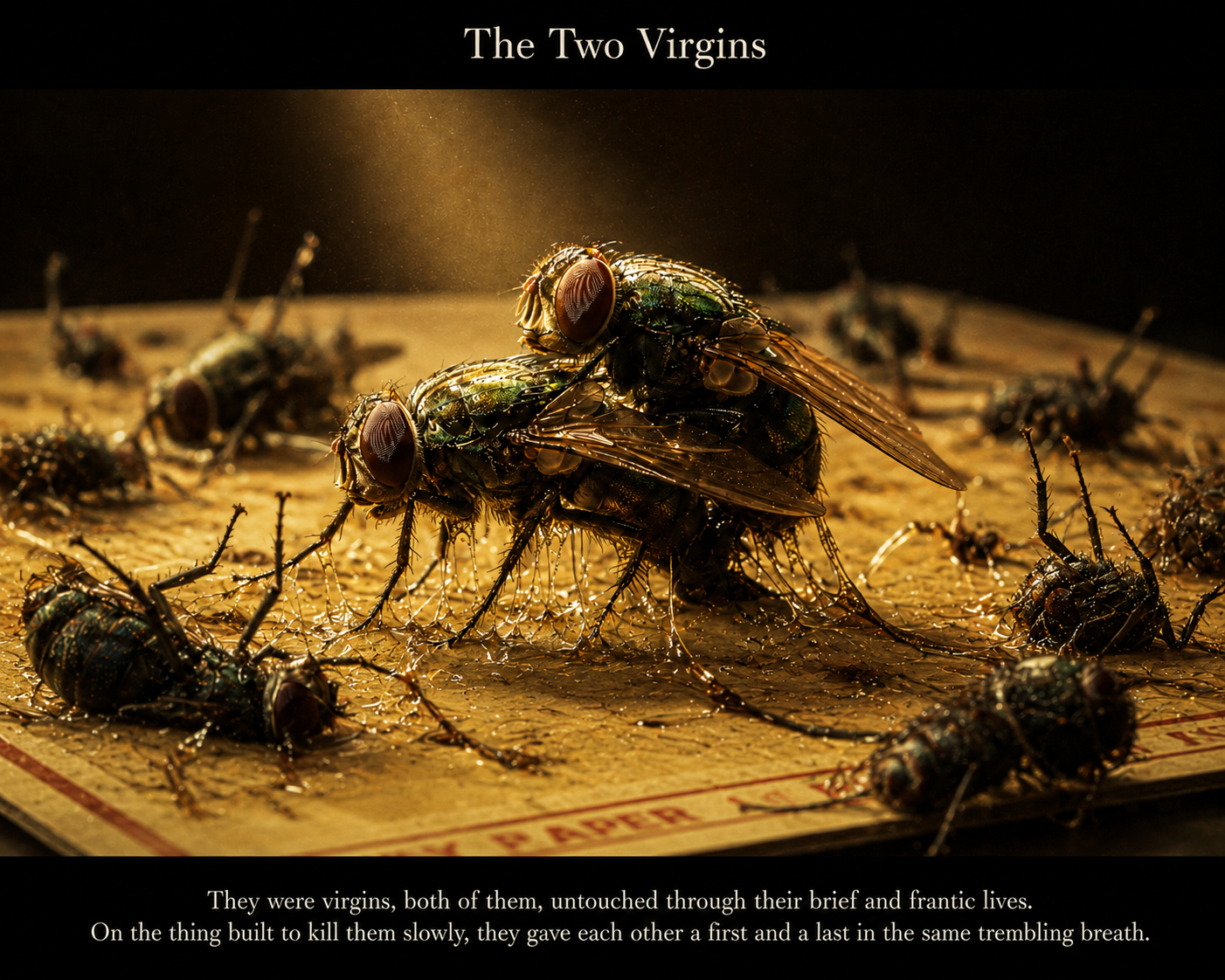 Two flies mating on sticky flypaper, others trapped nearby.