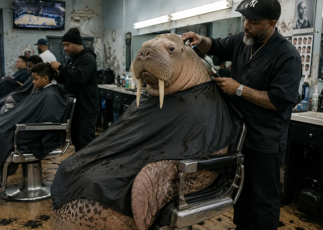 Cape, clippers, tusks, NY cap, wood floor, TV, boy, bottles.