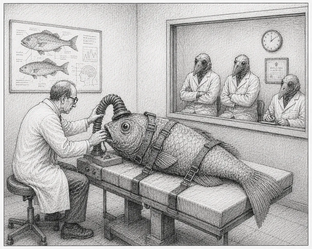 Hose, scales, buckles, clock, diagrams, stool, window, coats.