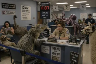 Fan, alligator, llama, octopus, sloth, emu, nameplate, magazine, windows two through four, ceiling tiles.