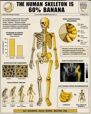 Pie chart, bar graph, x-ray, two microstructure photos, evolutionary sequence, skull, bananas, text blocks.