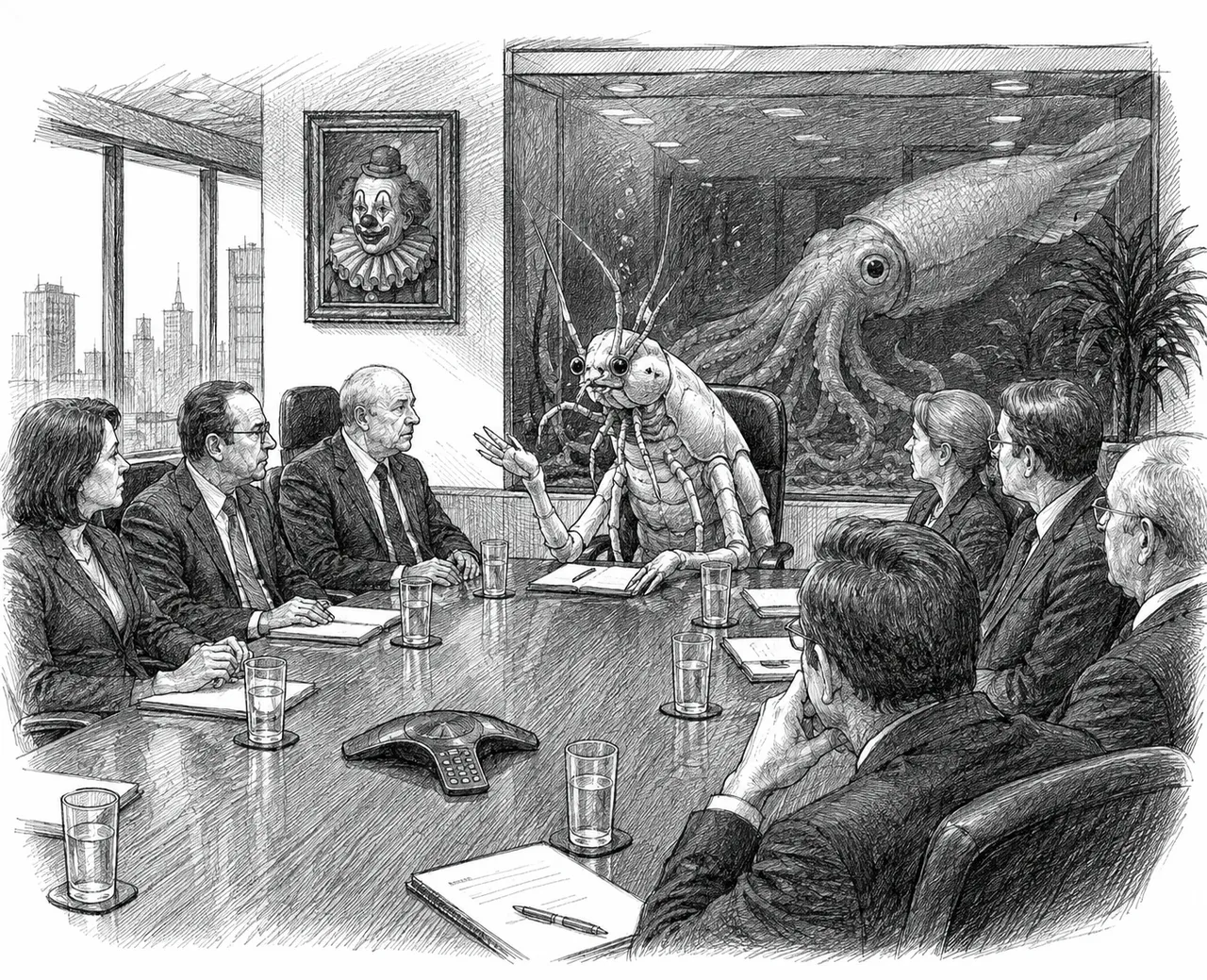 Crustacean, suits, clown portrait, squid, water glasses, speakerphone, notepad, city.