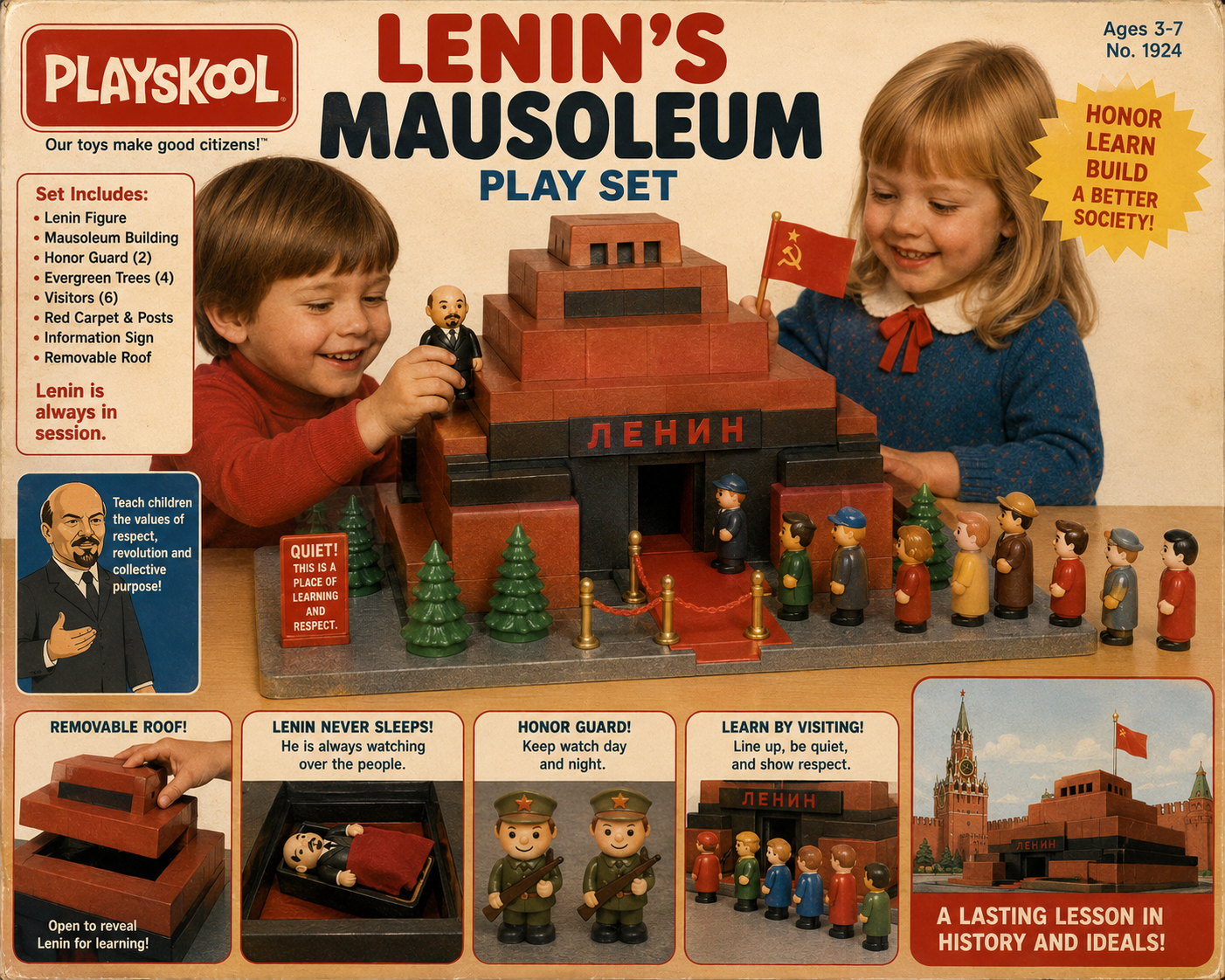 Fake Playskool box featuring Lenin's Mausoleum playset.