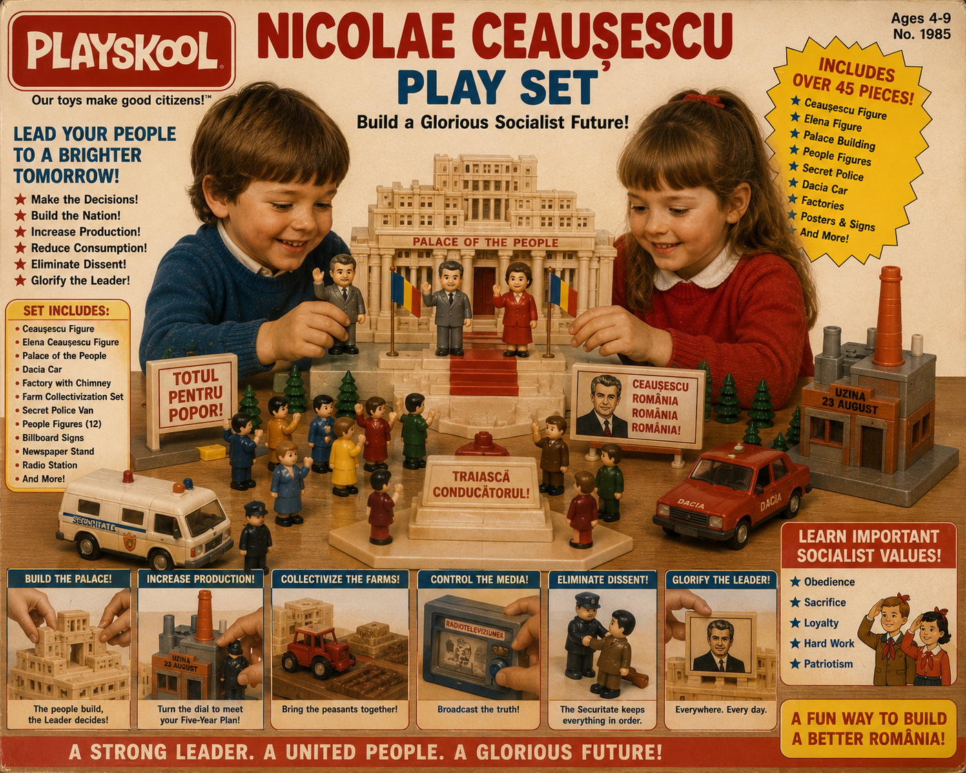 Fake Playskool box spoofing Romanian communist dictator playset