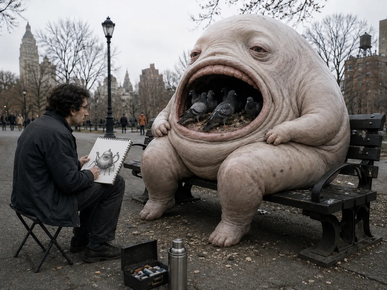 Artist sketches giant creature feeding pigeons on bench.