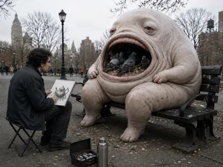 Artist sketches giant creature feeding pigeons on bench.