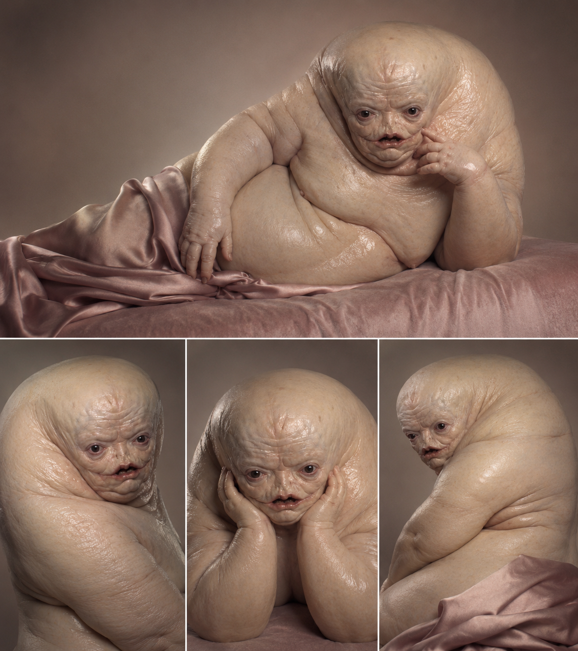 Surreal CGI creature resembling a large, wrinkled infant figure.