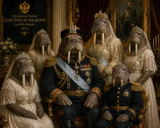 Six walruses, military sash, four crowns, candles, portrait.