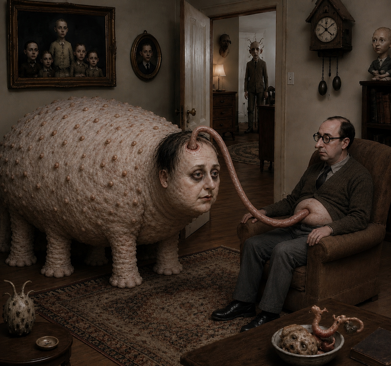 Surreal creature with human face beside seated man indoors.