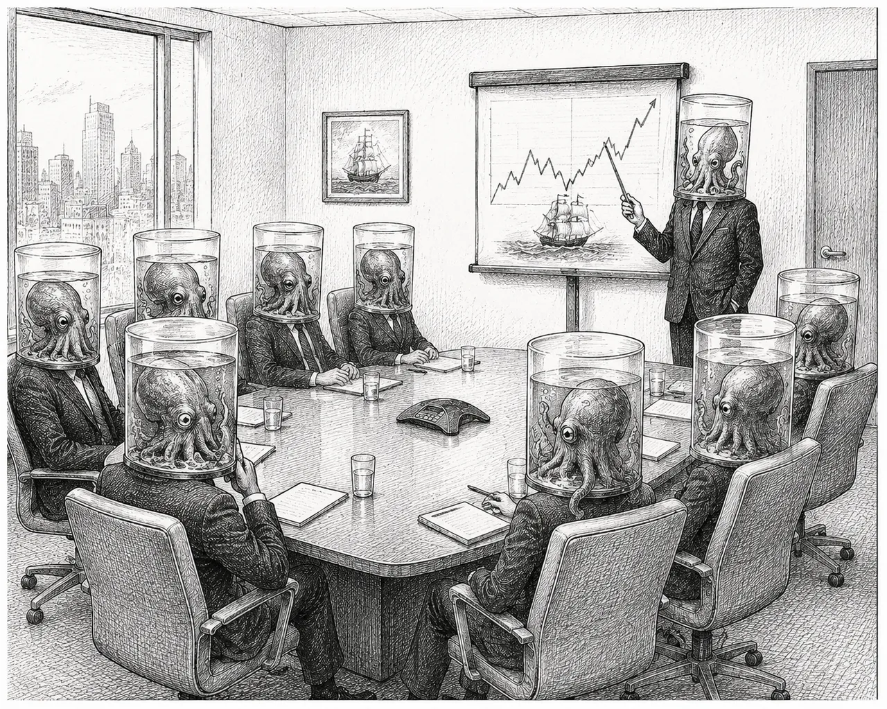 Suits, cylinders, octopuses, whiteboard, chart, ship painting, conference phone, water glasses, notepads, city window.
