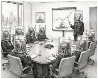 Suits, cylinders, octopuses, whiteboard, chart, ship painting, conference phone, water glasses, notepads, city window.