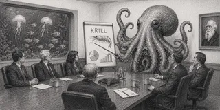 Giant octopus presents krill report to business executives.