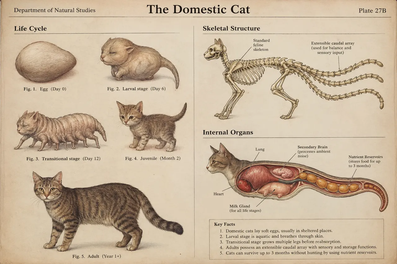 Egg, larval form, skeleton, tail array, five labeled organs.