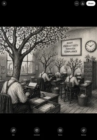 Workers with tree heads type at desks in an office.