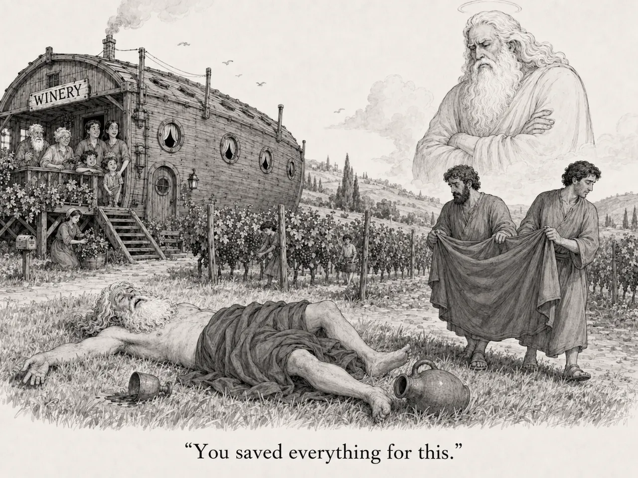 One man prone, jug spilled, two men holding cloth, winery cart, figure overhead, arms crossed.