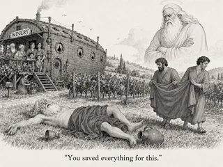 One man prone, jug spilled, two men holding cloth, winery cart, figure overhead, arms crossed.