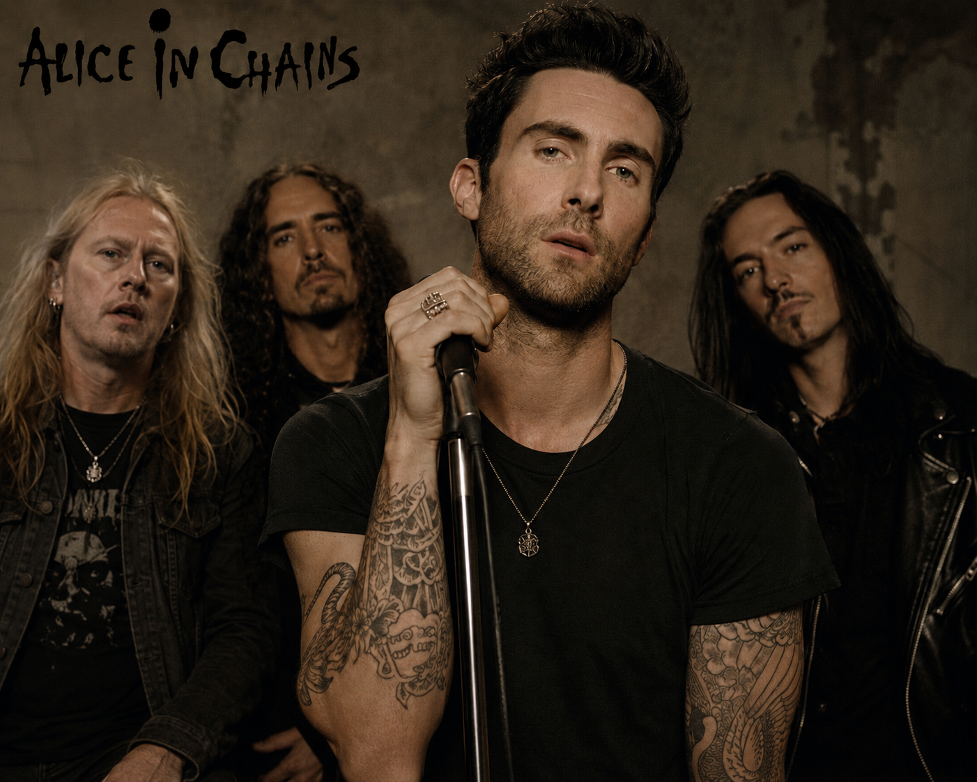 Four long-haired men pose before a concrete wall.