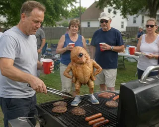 Tongs, red cups, sneakers, hotdogs, burgers, creature, fence.