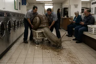 Two attendants, one shell, laundry basket, wet floor trail, seated woman with book.